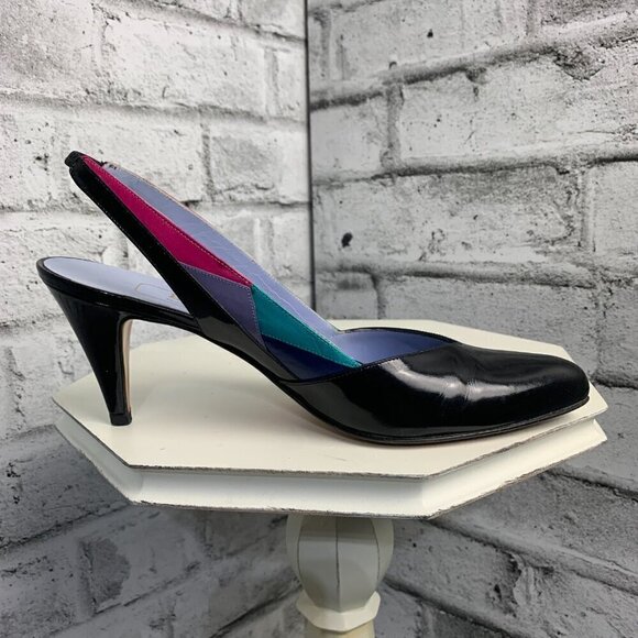 Bally Vintage Pointy Toe Sling Back Patent Black Leather Colour Block Pump - Picture 3 of 7